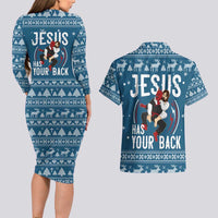 Jesus Has Your Back Jiu Jitsu Christmas Couples Matching Long Sleeve Bodycon Dress and Hawaiian Shirt Funny Xmas Holiday Patterns - Wonder Print Shop