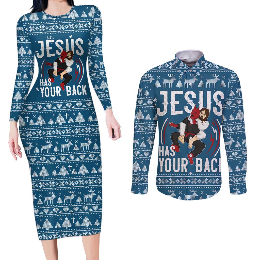 Jesus Has Your Back Jiu Jitsu Christmas Couples Matching Long Sleeve Bodycon Dress and Long Sleeve Button Shirt Funny Xmas Holiday Patterns - Wonder Print Shop