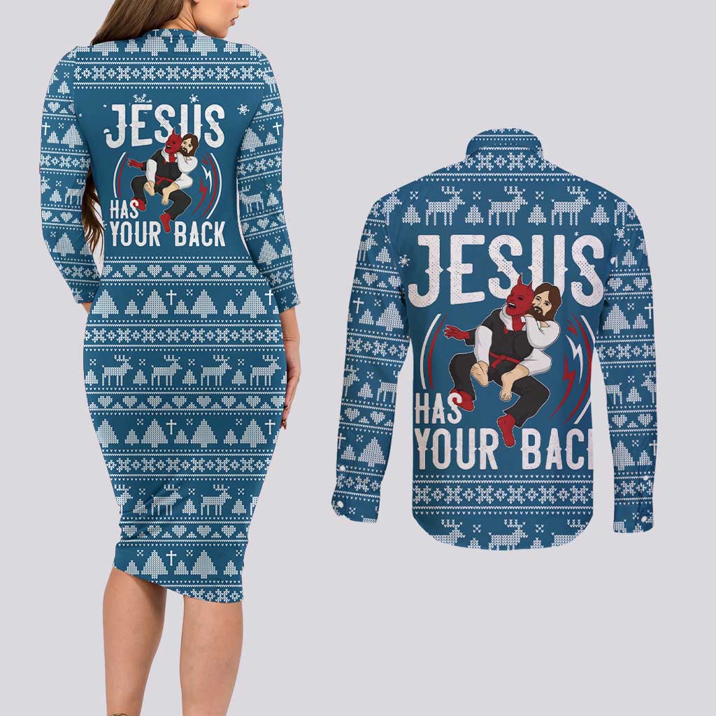 Jesus Has Your Back Jiu Jitsu Christmas Couples Matching Long Sleeve Bodycon Dress and Long Sleeve Button Shirt Funny Xmas Holiday Patterns - Wonder Print Shop