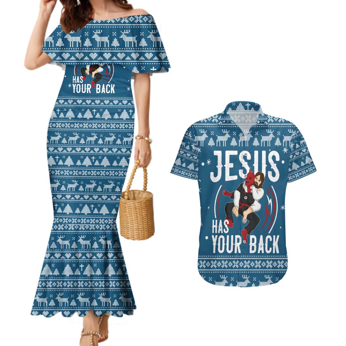 Jesus Has Your Back Jiu Jitsu Christmas Couples Matching Mermaid Dress and Hawaiian Shirt Funny Xmas Holiday Patterns - Wonder Print Shop