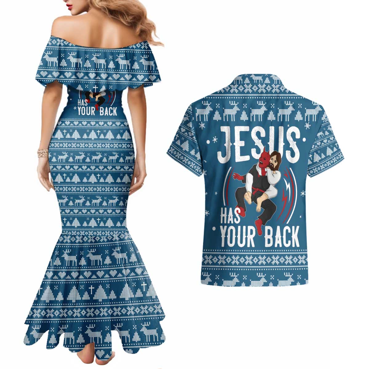 Jesus Has Your Back Jiu Jitsu Christmas Couples Matching Mermaid Dress and Hawaiian Shirt Funny Xmas Holiday Patterns - Wonder Print Shop