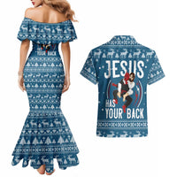 Jesus Has Your Back Jiu Jitsu Christmas Couples Matching Mermaid Dress and Hawaiian Shirt Funny Xmas Holiday Patterns - Wonder Print Shop