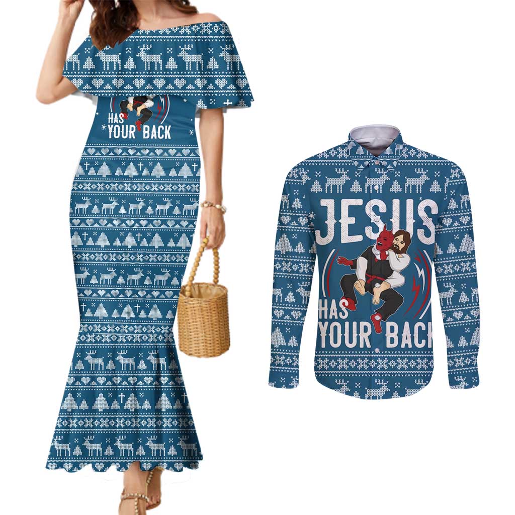 Jesus Has Your Back Jiu Jitsu Christmas Couples Matching Mermaid Dress and Long Sleeve Button Shirt Funny Xmas Holiday Patterns - Wonder Print Shop