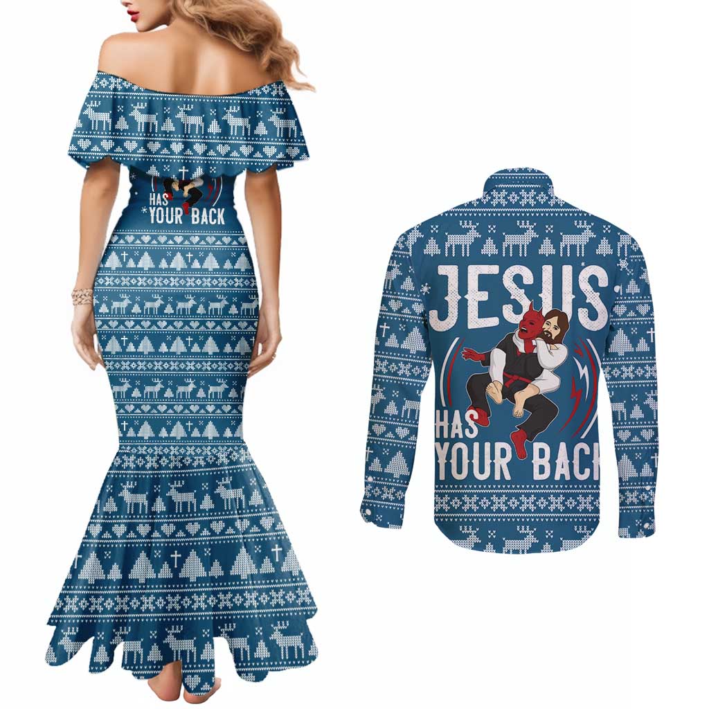 Jesus Has Your Back Jiu Jitsu Christmas Couples Matching Mermaid Dress and Long Sleeve Button Shirt Funny Xmas Holiday Patterns - Wonder Print Shop