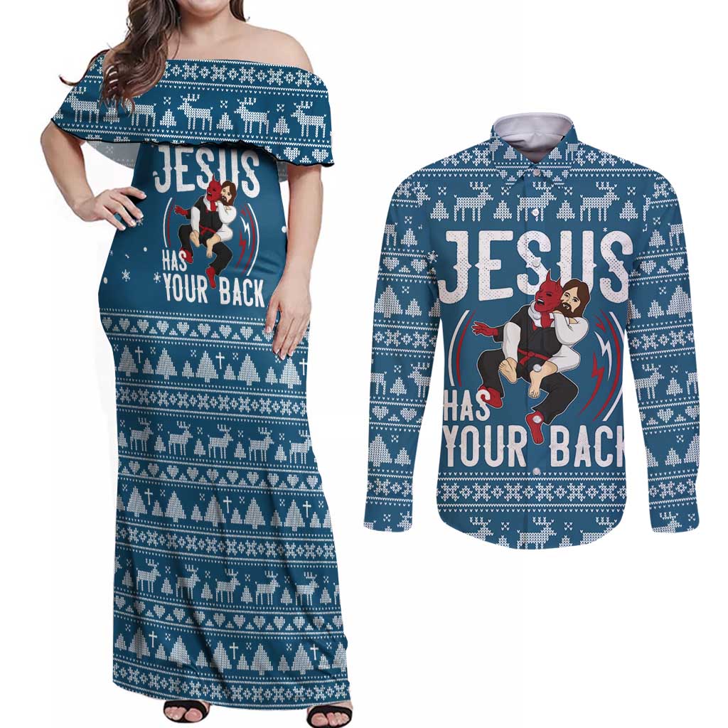 Jesus Has Your Back Jiu Jitsu Christmas Couples Matching Off Shoulder Maxi Dress and Long Sleeve Button Shirt Funny Xmas Holiday Patterns - Wonder Print Shop