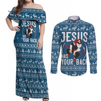 Jesus Has Your Back Jiu Jitsu Christmas Couples Matching Off Shoulder Maxi Dress and Long Sleeve Button Shirt Funny Xmas Holiday Patterns - Wonder Print Shop