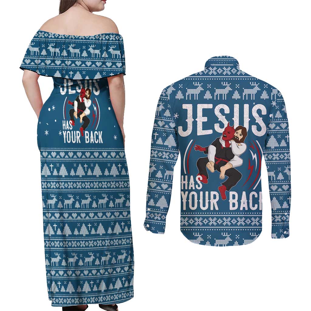 Jesus Has Your Back Jiu Jitsu Christmas Couples Matching Off Shoulder Maxi Dress and Long Sleeve Button Shirt Funny Xmas Holiday Patterns - Wonder Print Shop