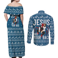 Jesus Has Your Back Jiu Jitsu Christmas Couples Matching Off Shoulder Maxi Dress and Long Sleeve Button Shirt Funny Xmas Holiday Patterns - Wonder Print Shop