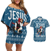 Jesus Has Your Back Jiu Jitsu Christmas Couples Matching Off Shoulder Short Dress and Hawaiian Shirt Funny Xmas Holiday Patterns - Wonder Print Shop
