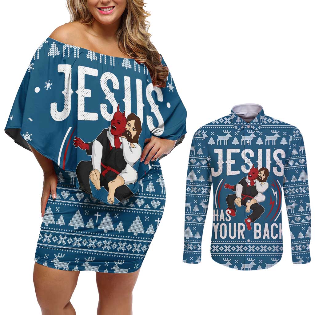 Jesus Has Your Back Jiu Jitsu Christmas Couples Matching Off Shoulder Short Dress and Long Sleeve Button Shirt Funny Xmas Holiday Patterns - Wonder Print Shop