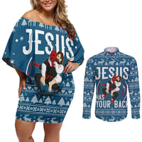 Jesus Has Your Back Jiu Jitsu Christmas Couples Matching Off Shoulder Short Dress and Long Sleeve Button Shirt Funny Xmas Holiday Patterns - Wonder Print Shop