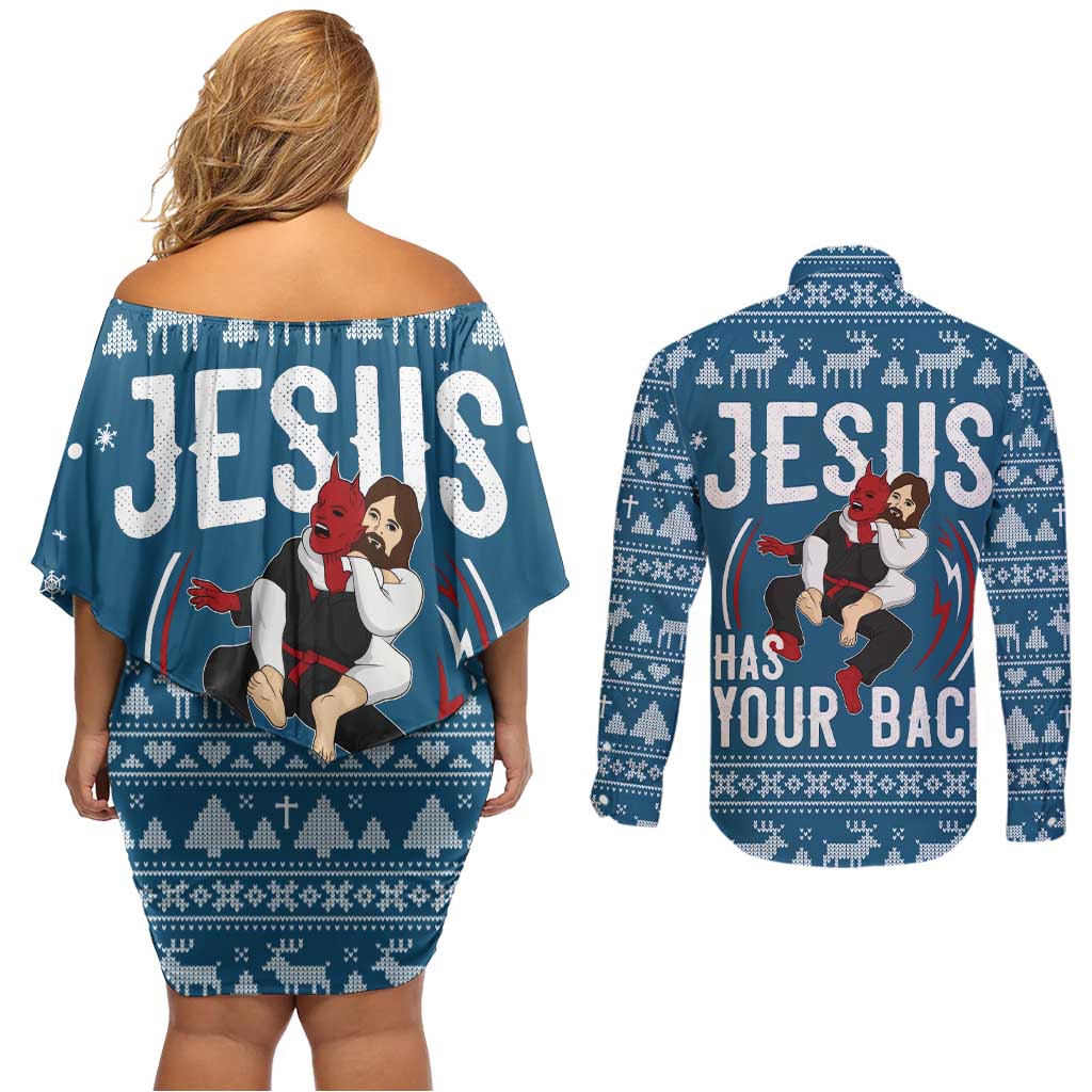 Jesus Has Your Back Jiu Jitsu Christmas Couples Matching Off Shoulder Short Dress and Long Sleeve Button Shirt Funny Xmas Holiday Patterns - Wonder Print Shop