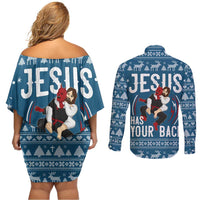 Jesus Has Your Back Jiu Jitsu Christmas Couples Matching Off Shoulder Short Dress and Long Sleeve Button Shirt Funny Xmas Holiday Patterns - Wonder Print Shop