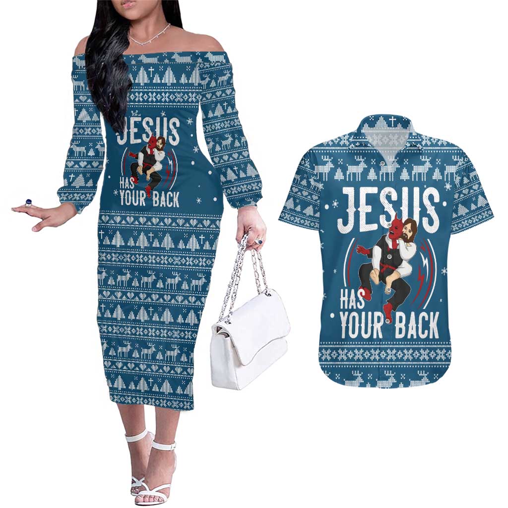 Jesus Has Your Back Jiu Jitsu Christmas Couples Matching Off The Shoulder Long Sleeve Dress and Hawaiian Shirt Funny Xmas Holiday Patterns - Wonder Print Shop