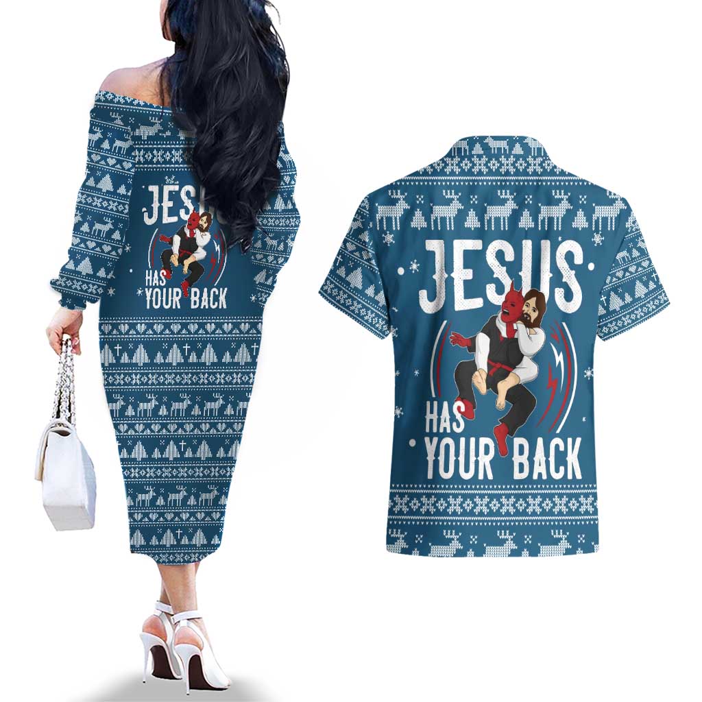 Jesus Has Your Back Jiu Jitsu Christmas Couples Matching Off The Shoulder Long Sleeve Dress and Hawaiian Shirt Funny Xmas Holiday Patterns - Wonder Print Shop