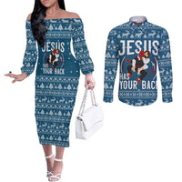 Jesus Has Your Back Jiu Jitsu Christmas Couples Matching Off The Shoulder Long Sleeve Dress and Long Sleeve Button Shirt Funny Xmas Holiday Patterns - Wonder Print Shop