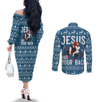 Jesus Has Your Back Jiu Jitsu Christmas Couples Matching Off The Shoulder Long Sleeve Dress and Long Sleeve Button Shirt Funny Xmas Holiday Patterns - Wonder Print Shop