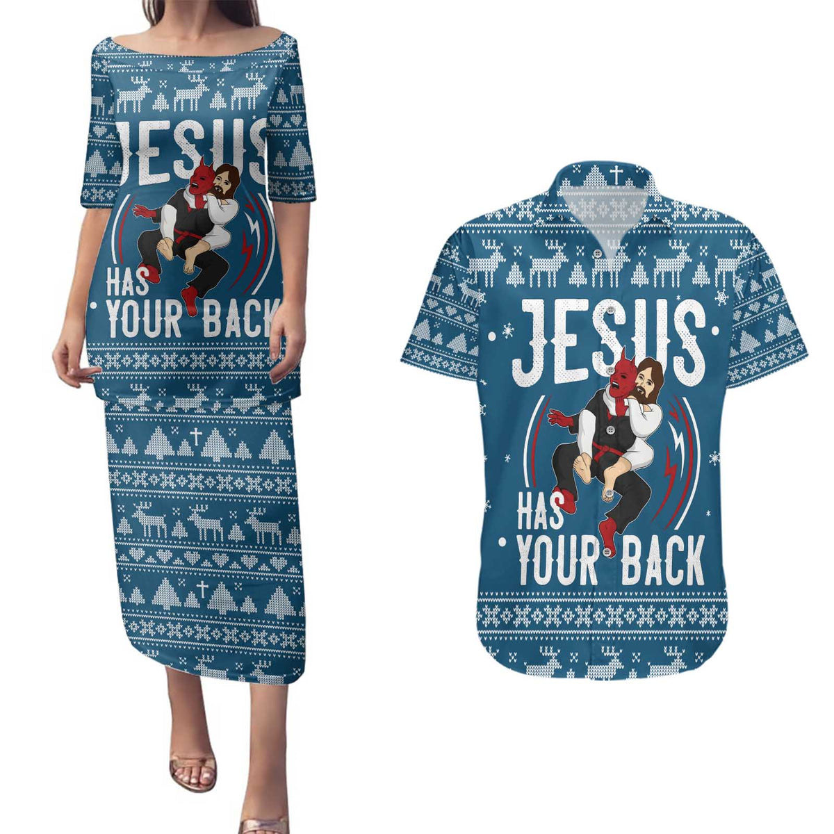 Jesus Has Your Back Jiu Jitsu Christmas Couples Matching Puletasi and Hawaiian Shirt Funny Xmas Holiday Patterns - Wonder Print Shop