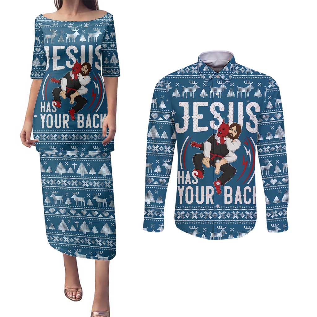 Jesus Has Your Back Jiu Jitsu Christmas Couples Matching Puletasi and Long Sleeve Button Shirt Funny Xmas Holiday Patterns - Wonder Print Shop