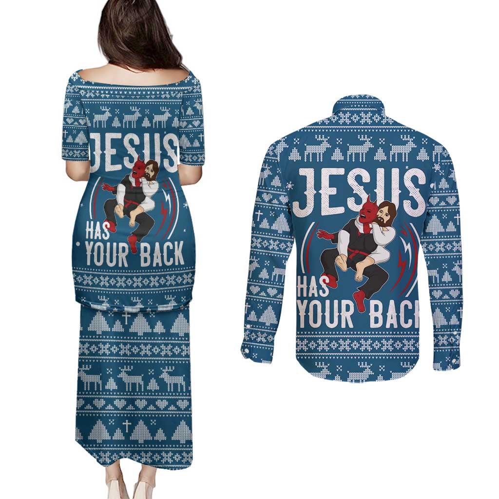 Jesus Has Your Back Jiu Jitsu Christmas Couples Matching Puletasi and Long Sleeve Button Shirt Funny Xmas Holiday Patterns - Wonder Print Shop