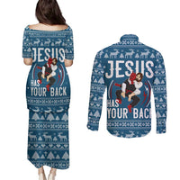 Jesus Has Your Back Jiu Jitsu Christmas Couples Matching Puletasi and Long Sleeve Button Shirt Funny Xmas Holiday Patterns - Wonder Print Shop
