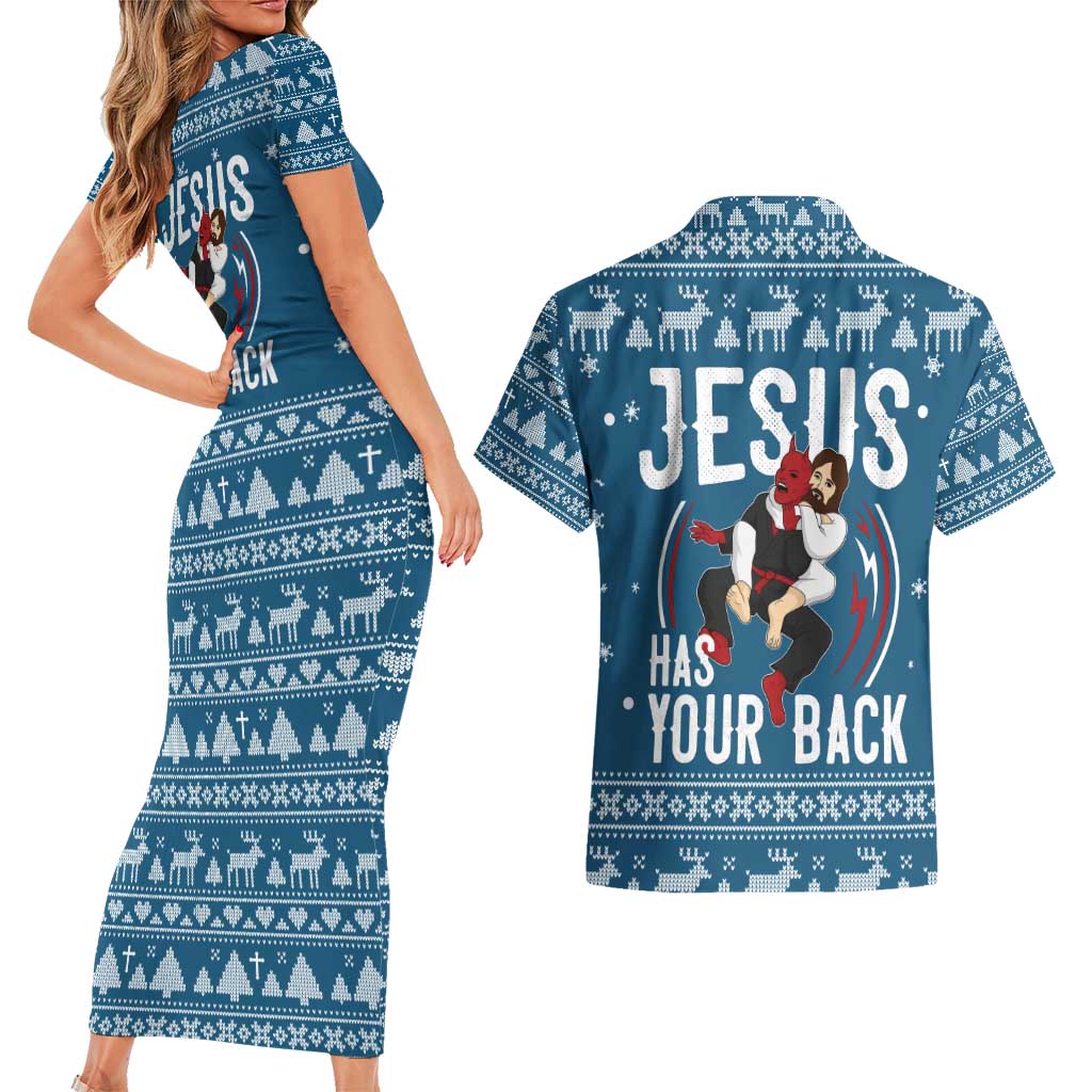 Jesus Has Your Back Jiu Jitsu Christmas Couples Matching Short Sleeve Bodycon Dress and Hawaiian Shirt Funny Xmas Holiday Patterns - Wonder Print Shop