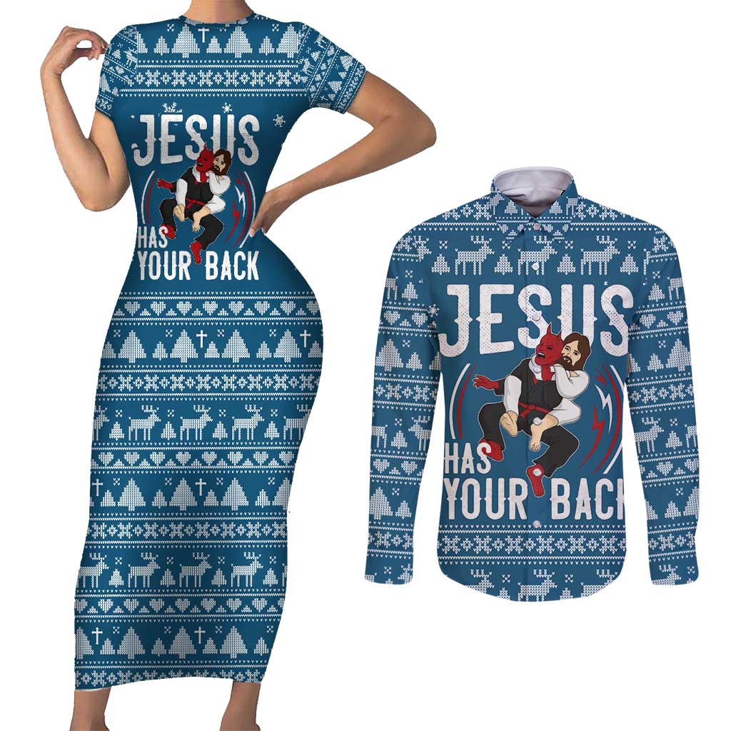 Jesus Has Your Back Jiu Jitsu Christmas Couples Matching Short Sleeve Bodycon Dress and Long Sleeve Button Shirt Funny Xmas Holiday Patterns - Wonder Print Shop
