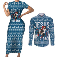 Jesus Has Your Back Jiu Jitsu Christmas Couples Matching Short Sleeve Bodycon Dress and Long Sleeve Button Shirt Funny Xmas Holiday Patterns - Wonder Print Shop