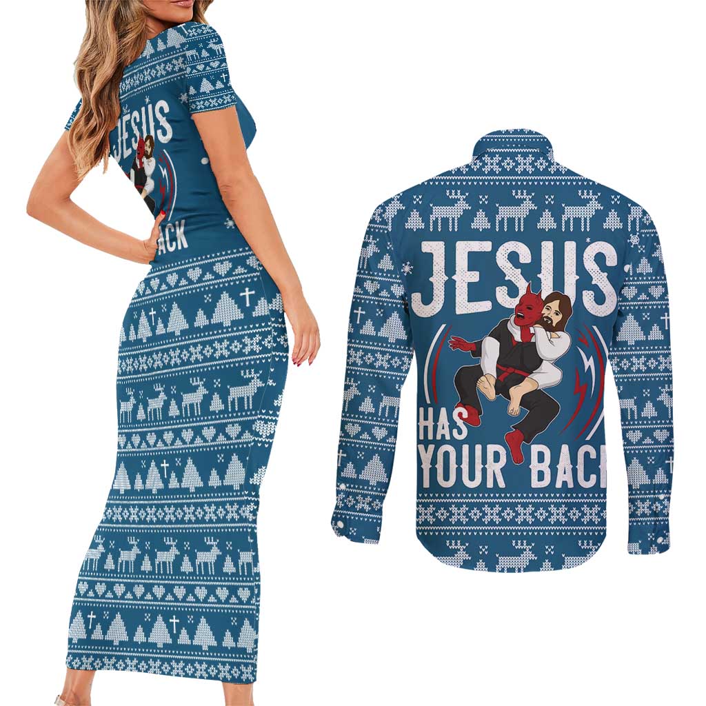 Jesus Has Your Back Jiu Jitsu Christmas Couples Matching Short Sleeve Bodycon Dress and Long Sleeve Button Shirt Funny Xmas Holiday Patterns - Wonder Print Shop
