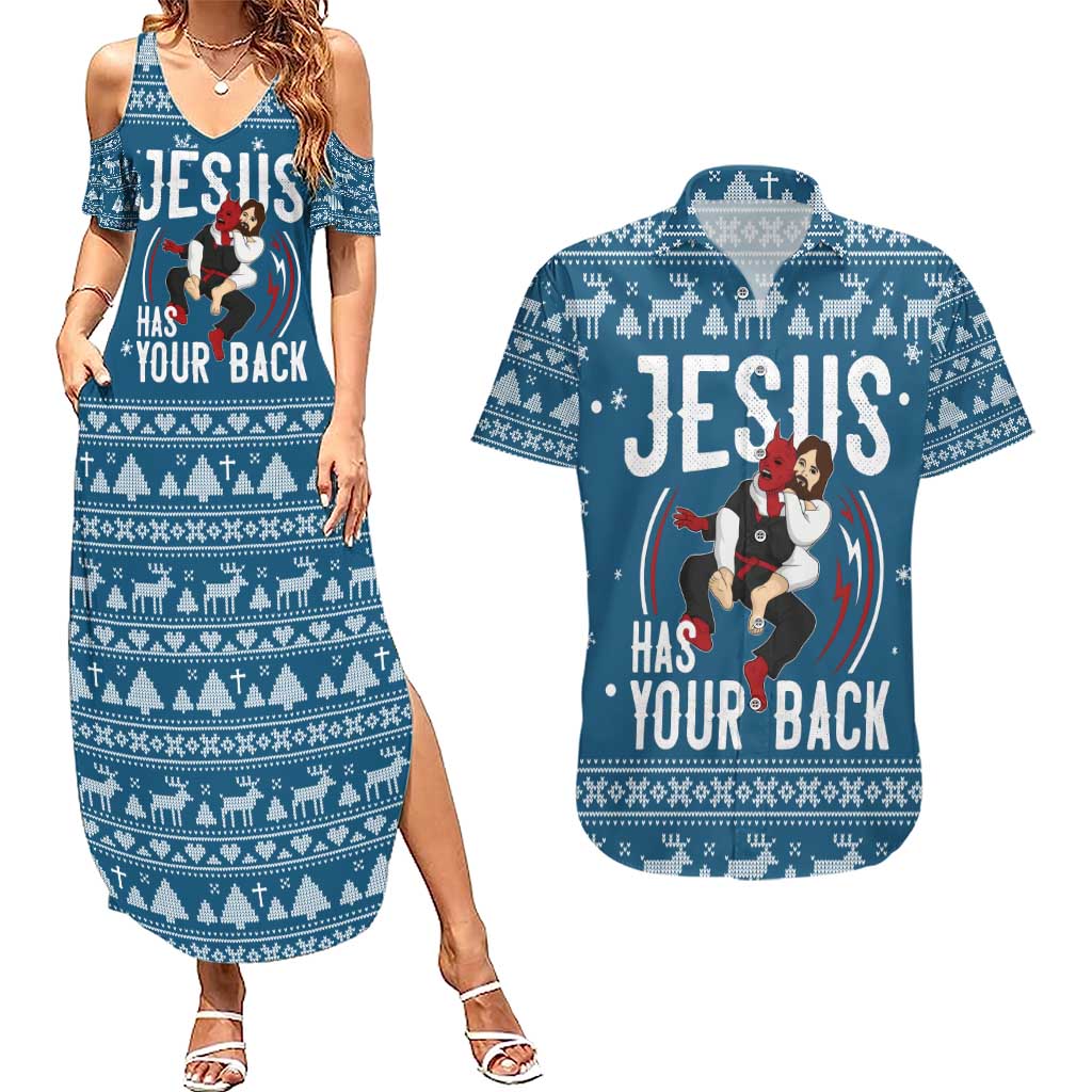 Jesus Has Your Back Jiu Jitsu Christmas Couples Matching Summer Maxi Dress and Hawaiian Shirt Funny Xmas Holiday Patterns - Wonder Print Shop