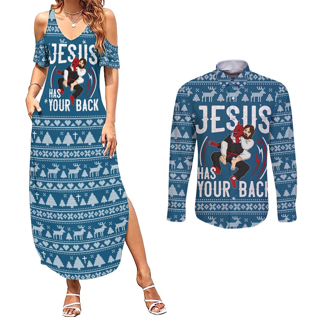 Jesus Has Your Back Jiu Jitsu Christmas Couples Matching Summer Maxi Dress and Long Sleeve Button Shirt Funny Xmas Holiday Patterns - Wonder Print Shop