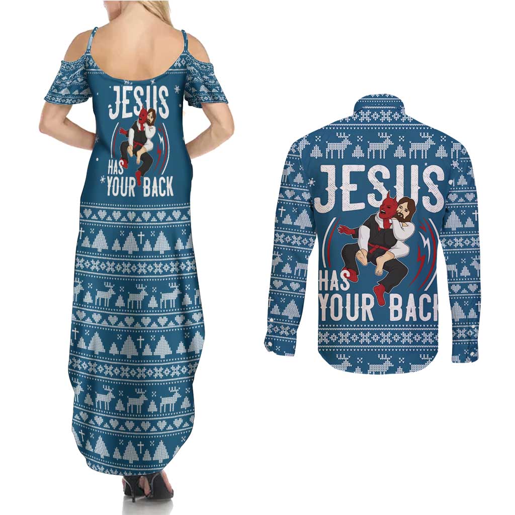 Jesus Has Your Back Jiu Jitsu Christmas Couples Matching Summer Maxi Dress and Long Sleeve Button Shirt Funny Xmas Holiday Patterns - Wonder Print Shop