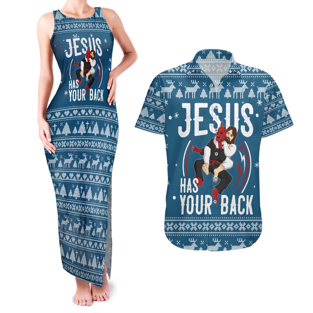 Jesus Has Your Back Jiu Jitsu Christmas Couples Matching Tank Maxi Dress and Hawaiian Shirt Funny Xmas Holiday Patterns - Wonder Print Shop