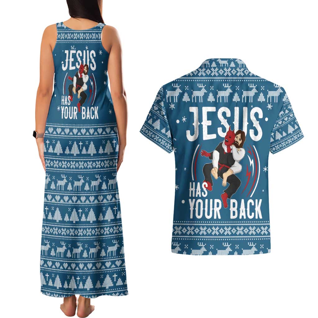Jesus Has Your Back Jiu Jitsu Christmas Couples Matching Tank Maxi Dress and Hawaiian Shirt Funny Xmas Holiday Patterns - Wonder Print Shop