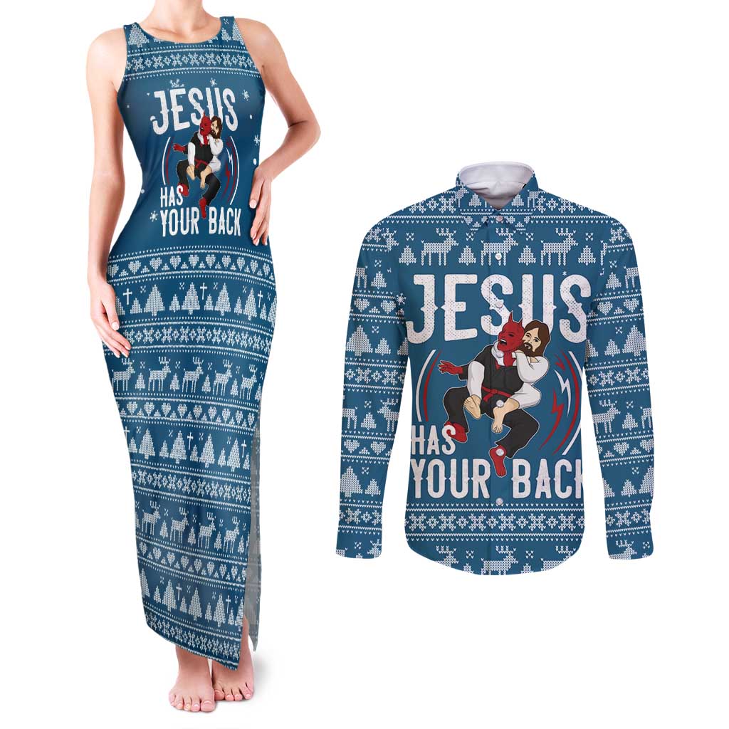 Jesus Has Your Back Jiu Jitsu Christmas Couples Matching Tank Maxi Dress and Long Sleeve Button Shirt Funny Xmas Holiday Patterns - Wonder Print Shop