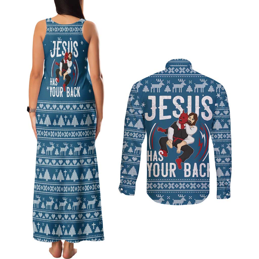 Jesus Has Your Back Jiu Jitsu Christmas Couples Matching Tank Maxi Dress and Long Sleeve Button Shirt Funny Xmas Holiday Patterns - Wonder Print Shop