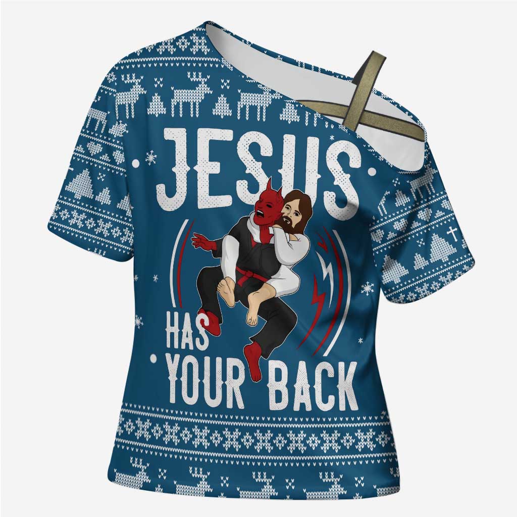 Jesus Has Your Back Jiu Jitsu Christmas Cross Shoulder Shirt Funny Xmas Holiday Patterns - Wonder Print Shop