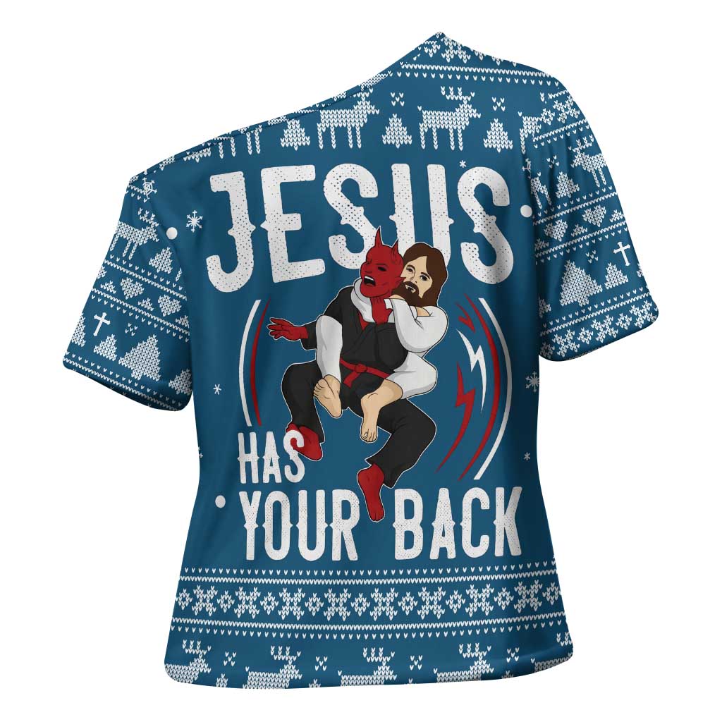 Jesus Has Your Back Jiu Jitsu Christmas Cross Shoulder Shirt Funny Xmas Holiday Patterns - Wonder Print Shop