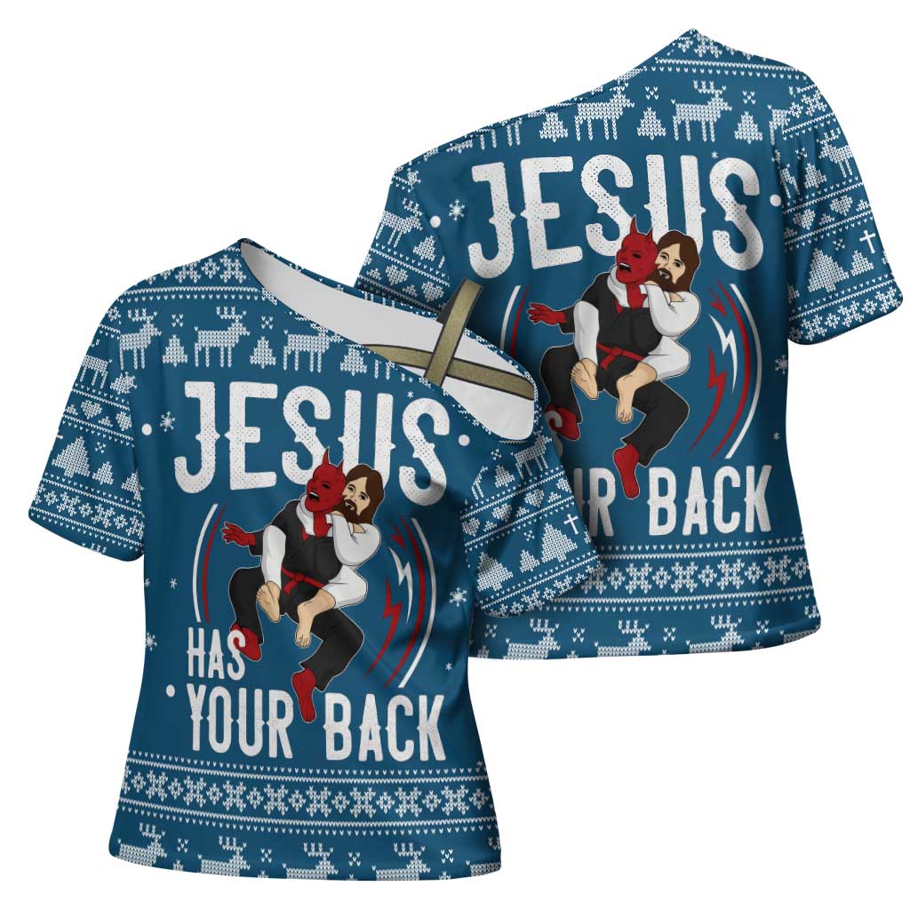 Jesus Has Your Back Jiu Jitsu Christmas Cross Shoulder Shirt Funny Xmas Holiday Patterns - Wonder Print Shop