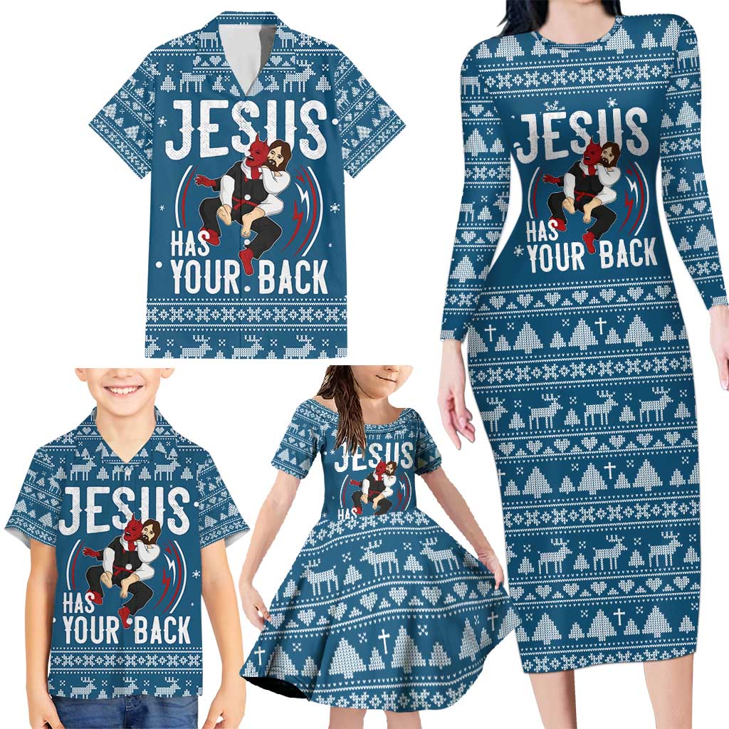 Jesus Has Your Back Jiu Jitsu Christmas Family Matching Long Sleeve Bodycon Dress and Hawaiian Shirt Funny Xmas Holiday Patterns - Wonder Print Shop
