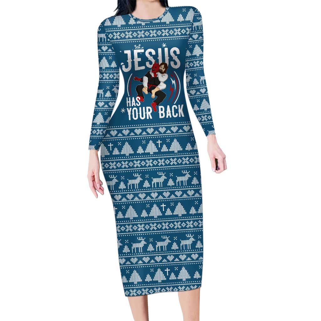 Jesus Has Your Back Jiu Jitsu Christmas Family Matching Long Sleeve Bodycon Dress and Hawaiian Shirt Funny Xmas Holiday Patterns - Wonder Print Shop