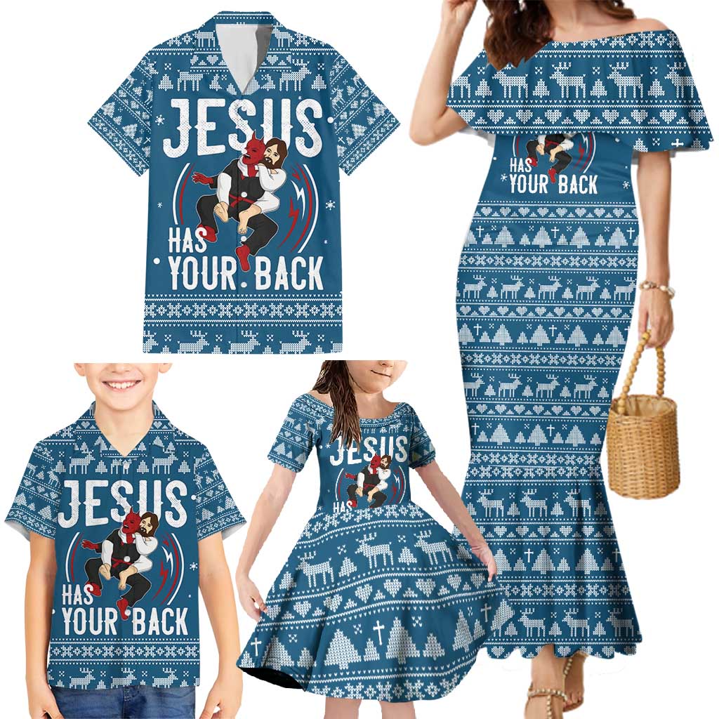 Jesus Has Your Back Jiu Jitsu Christmas Family Matching Mermaid Dress and Hawaiian Shirt Funny Xmas Holiday Patterns - Wonder Print Shop