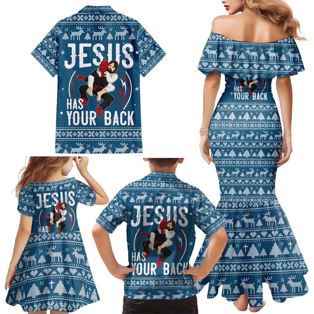 Jesus Has Your Back Jiu Jitsu Christmas Family Matching Mermaid Dress and Hawaiian Shirt Funny Xmas Holiday Patterns - Wonder Print Shop