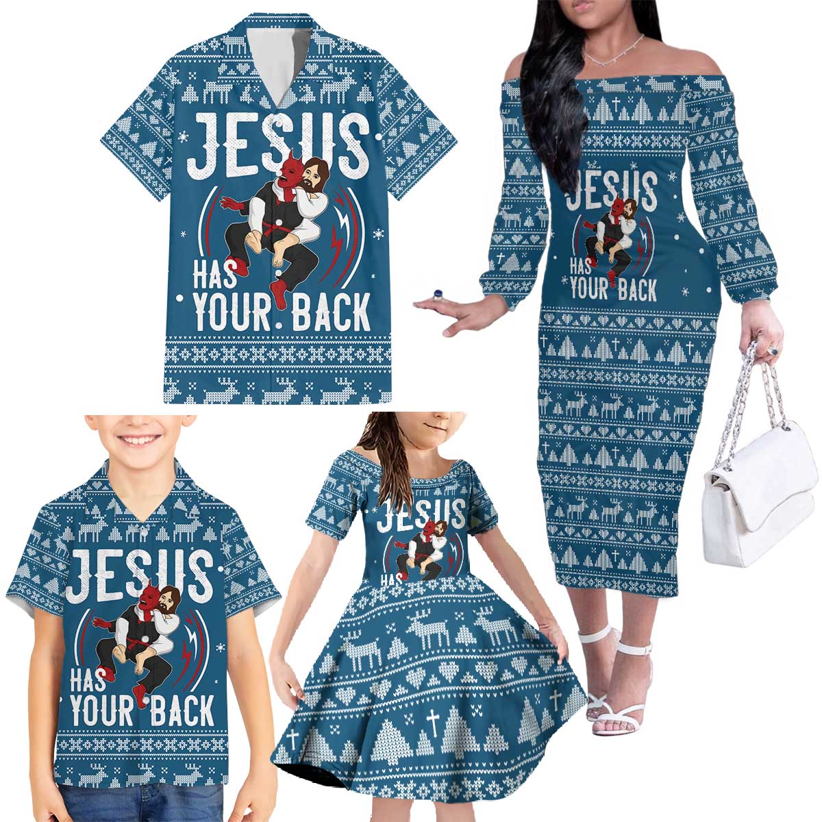 Jesus Has Your Back Jiu Jitsu Christmas Family Matching Off The Shoulder Long Sleeve Dress and Hawaiian Shirt Funny Xmas Holiday Patterns - Wonder Print Shop