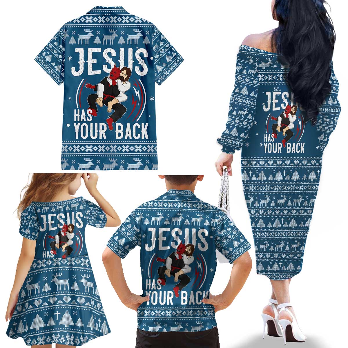 Jesus Has Your Back Jiu Jitsu Christmas Family Matching Off The Shoulder Long Sleeve Dress and Hawaiian Shirt Funny Xmas Holiday Patterns - Wonder Print Shop