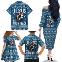 Jesus Has Your Back Jiu Jitsu Christmas Family Matching Off The Shoulder Long Sleeve Dress and Hawaiian Shirt Funny Xmas Holiday Patterns - Wonder Print Shop