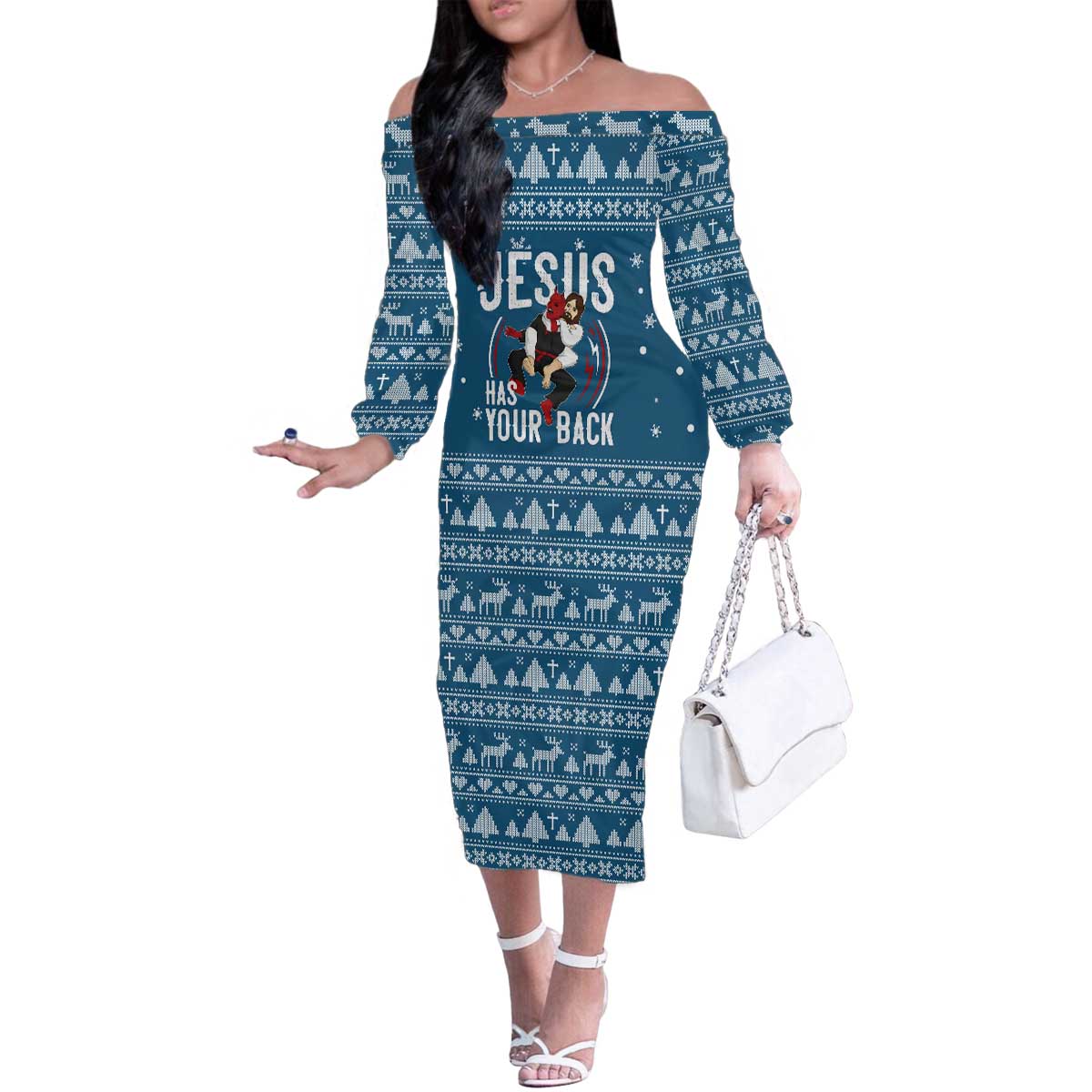 Jesus Has Your Back Jiu Jitsu Christmas Family Matching Off The Shoulder Long Sleeve Dress and Hawaiian Shirt Funny Xmas Holiday Patterns - Wonder Print Shop