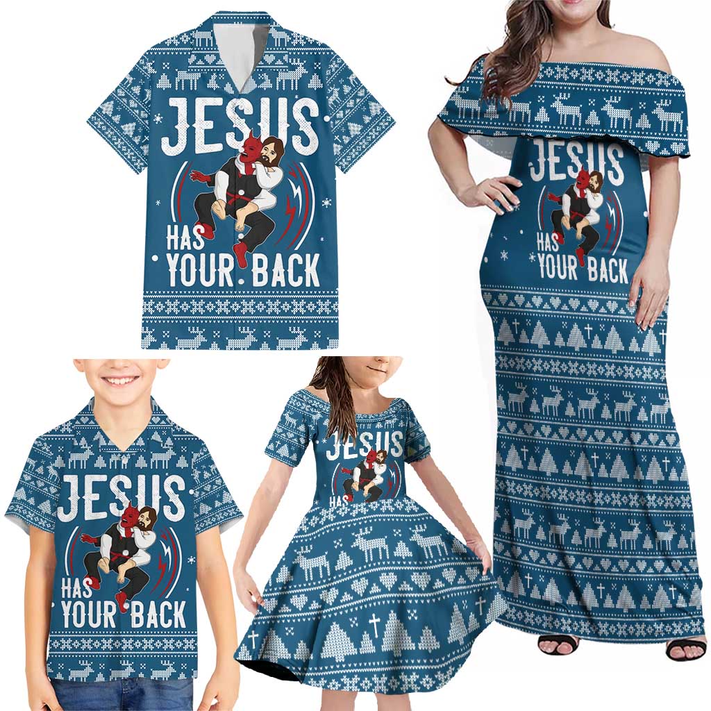 Jesus Has Your Back Jiu Jitsu Christmas Family Matching Off Shoulder Maxi Dress and Hawaiian Shirt Funny Xmas Holiday Patterns - Wonder Print Shop