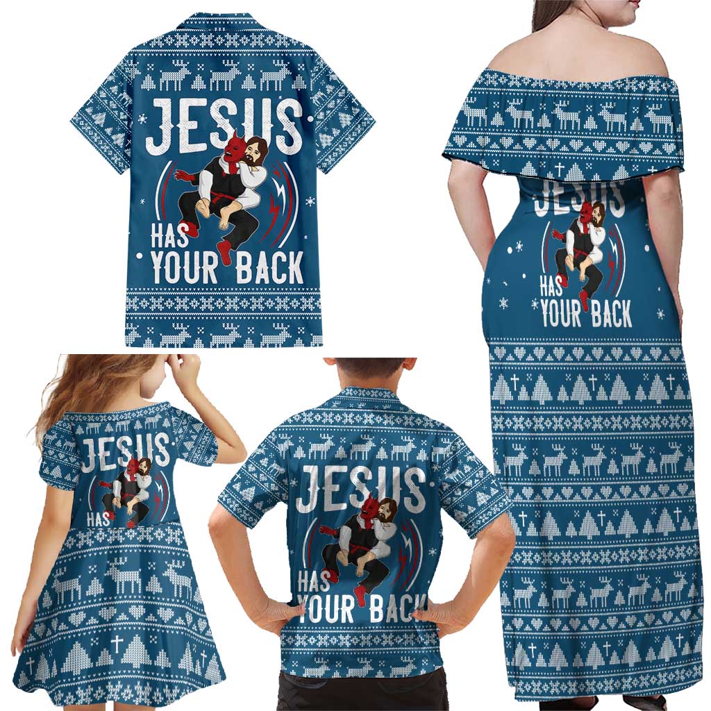 Jesus Has Your Back Jiu Jitsu Christmas Family Matching Off Shoulder Maxi Dress and Hawaiian Shirt Funny Xmas Holiday Patterns - Wonder Print Shop