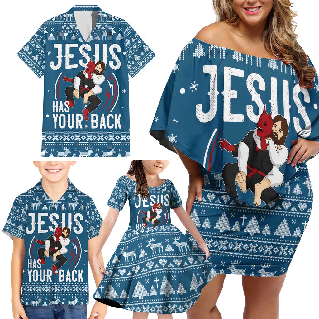 Jesus Has Your Back Jiu Jitsu Christmas Family Matching Off Shoulder Short Dress and Hawaiian Shirt Funny Xmas Holiday Patterns - Wonder Print Shop